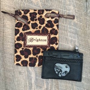 BRIGHTON | Black Pebbled Leather Heart Card Wallet & Leopard Print Dust Bag